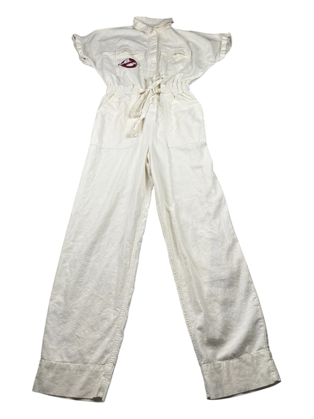 Universal Threads Ivory Linen Utility Jumpsuit Ghostbusters Patch Wide Leg Sz 2 - Picture 2 of 10